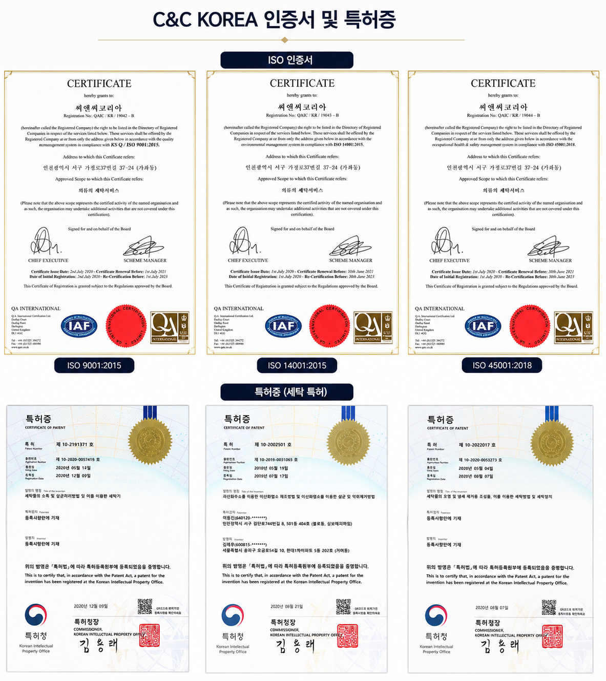 C&C KOREA 인증서 및 세탁 특허증